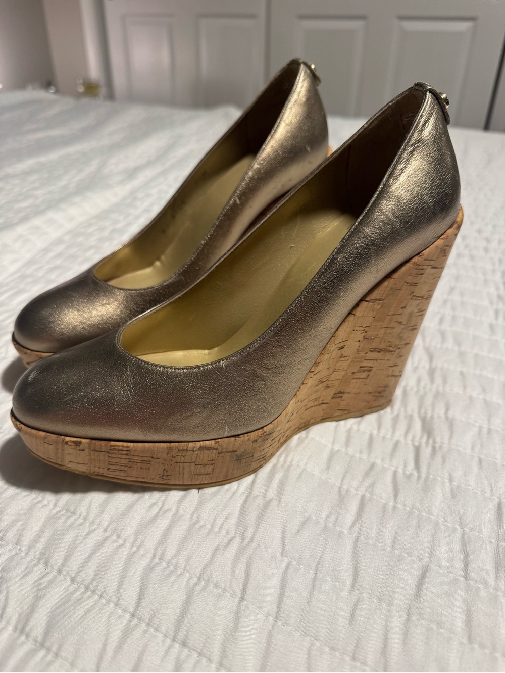 Antonio Melani Metallic Gold Leather Cork Wedge Pumps Size 7.5 M